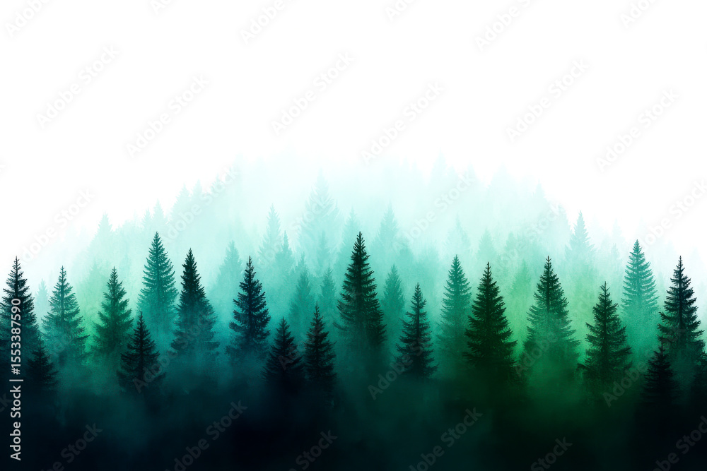 Obraz premium A misty evergreen forest fades into a pale sky, creating a serene and tranquil natural landscape.