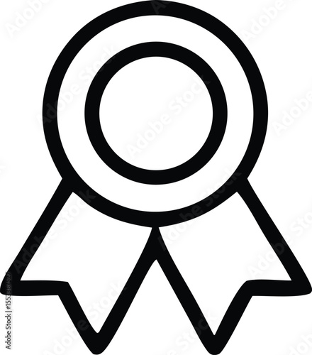 Simple black outline icon of a circular award ribbon with two hanging tails representing achievement and recognition