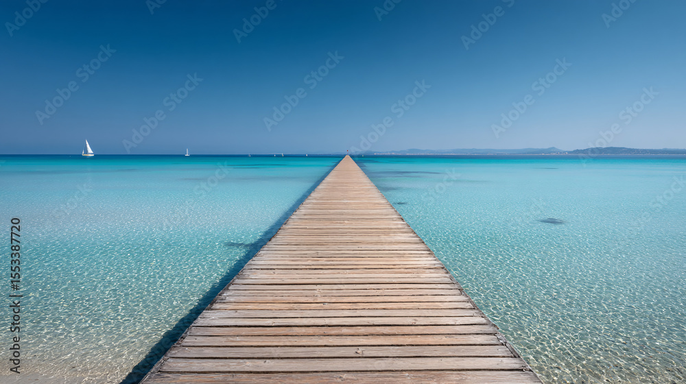Obraz premium Long Wooden Pier Extending into Crystal Clear Turquoise Sea