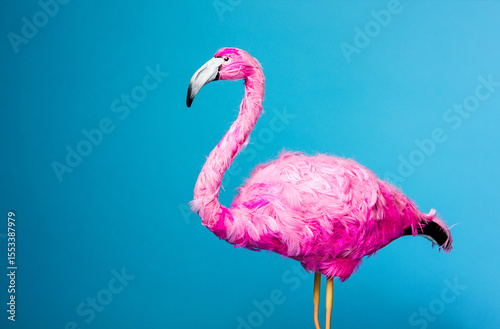 ceramic pink flamingo on the blue wall background . graphic resource, isolated, free space