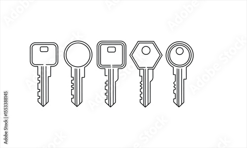 Collection of five different outline style keys on a white background