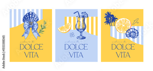Hand drawn tropical sketch banner set. Dolce vita summer vibe. Collage mixed style vector illustration
