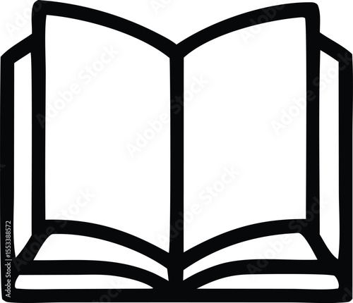 Simple black and white outline illustration of an open book with blank pages and a thick spine