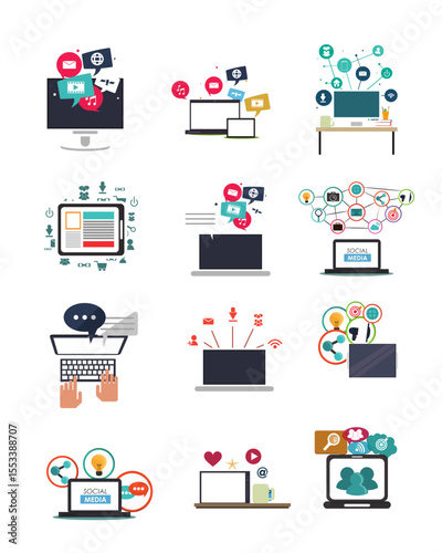 Digital Communication and Social Media Icons.