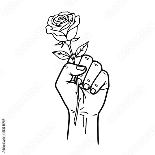 Hand Holding Rose Icon – Minimalist Vector Line Art Depicting Romance, Elegance, and Human Emotion