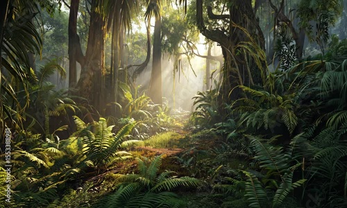 Sunlit Path Through Lush Green Tropical Jungle