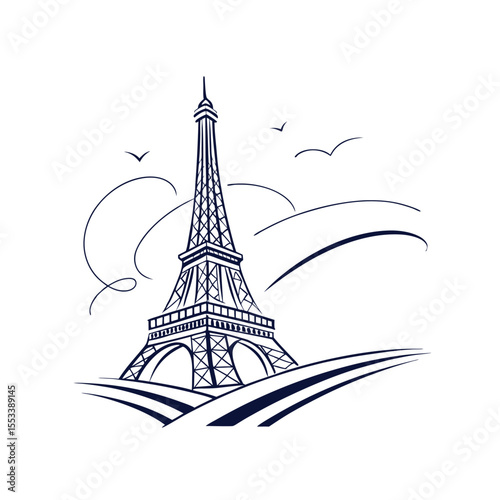 Paris Architecture and Eiffel Tower Cityscape – Stylish Vector Drawing for Souvenir or Fashion Logo

