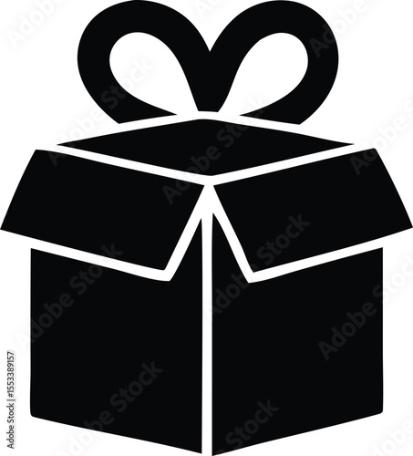 A simple black silhouette of an open gift box with a ribbon tied in a bow on top symbolizing surprise and celebration