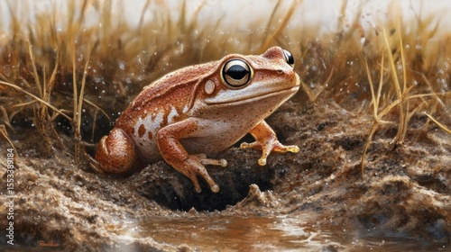 Detailed illustration of a frog, light brown and tan coloration, perched on a sandy patch with shallow water