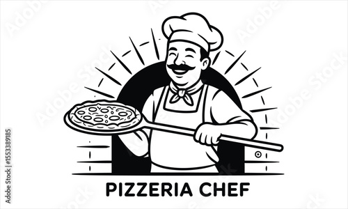 Happy pizzeria chef holding a delicious pizza on a peel
