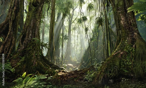 Sunlit Path Through Lush Green Tropical Jungle