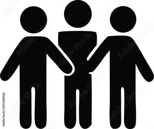 Three simple black stick figures standing together with arms outstretched representing teamwork and community in a minimalist design