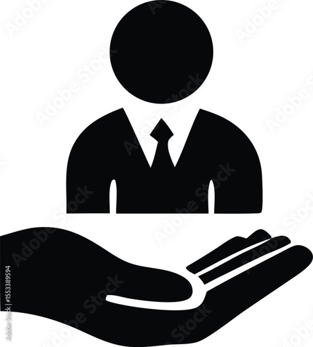 Stylized black silhouette of a person in a suit and tie being supported by an open hand symbolizing care and assistance
