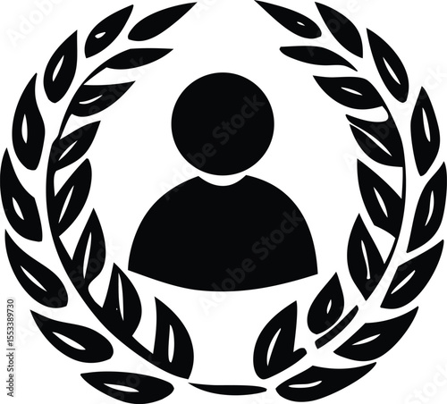 Stylized silhouette of a person within a black laurel wreath emblem symbolizing achievement and recognition