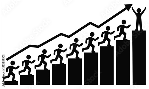 Silhouettes of people running up steps towards an upward trending graph