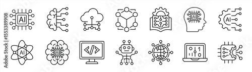 set of artificial intelligence thin line icon. contain a comprehensive icons set showcasing the power, process, potential of artificial intelligence, and smart technology icon. vector illustration