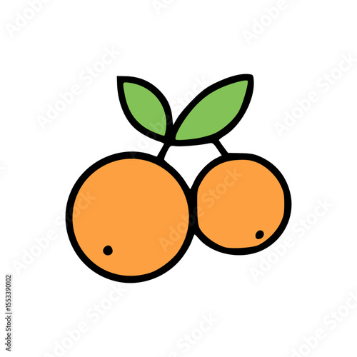Minimalist Fresh Citrus Fruit Illustration Featuring Pair of Oranges with Stems and Leaves