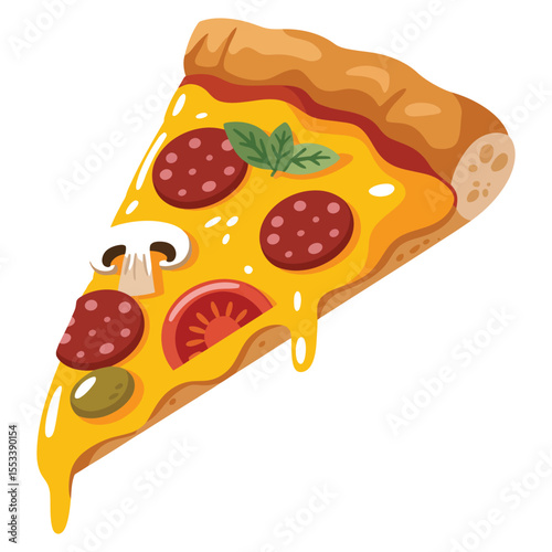 Delicious slice of pizza with salami mushrooms tomato and olives