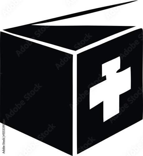 Stylized black cube with a white cross emblem on its side symbolizing healthcare or medical services in a modern design