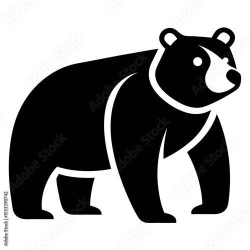 Simple Black and White Illustration of a Bear Standing Sideways on White Background