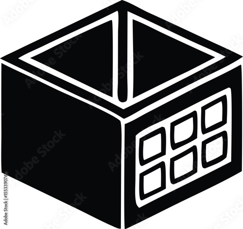 Stylized black and white isometric cube with open top and grid pattern on one side