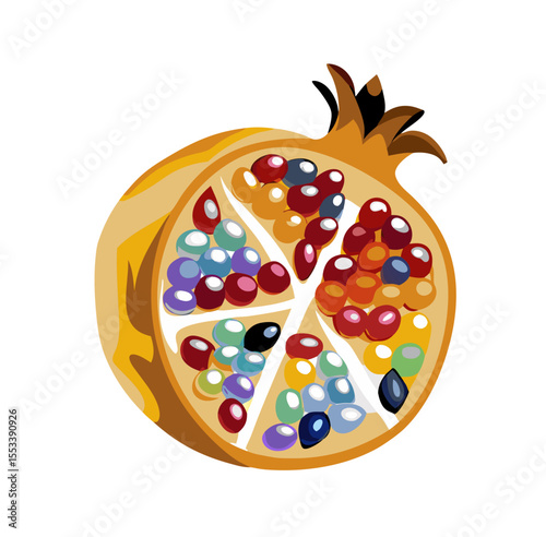 Sliced pomegranate fruit with colorful seeds, vector illustration on transparent background