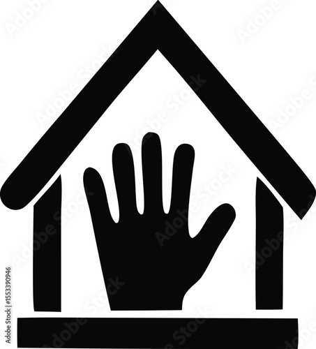 Stylized black silhouette of an open hand raised inside a simple house outline symbolizing protection and safety