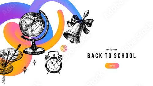 Back to school sketch background. School poster template with hand drawn accessories. Diploma design. Vector illustration