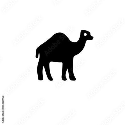 Silhouette of a single humped camel against white backdrop