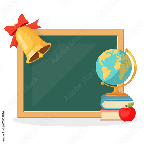 Back to school vector illustration with chalkboard for custom text, bell with ribbon, stack of books, globe and apple. Isolated classroom elements for Knowledge Day, kids education and learning

