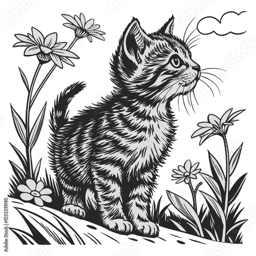 Cute black kitten and mouse with flowers, butterfly, and vector cartoon illustration