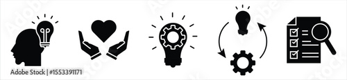 Innovation and Idea Development Icons – Creative Thinking, Evaluation, and Strategy Symbols