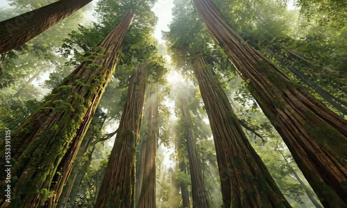 Sunlit Redwood Forest with Fog and Lush Greenery