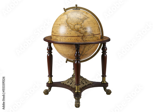 Antique globe on ornate wooden stand with lion paw feet isolated on transparent background