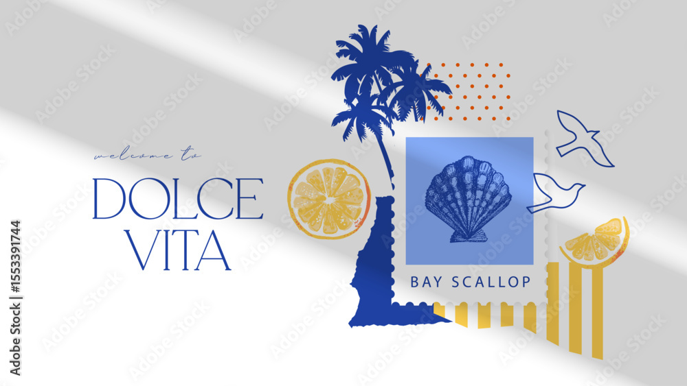 Hand drawn watercolor and sketch tropical poster. Dolce vita summer vibe. Vector vintage illustration