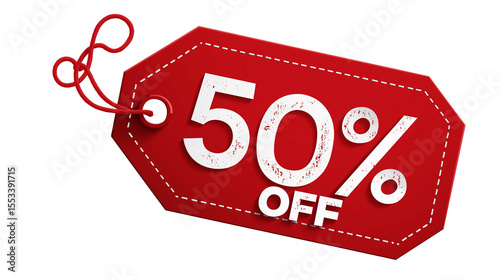 Red discount tag with bold text 