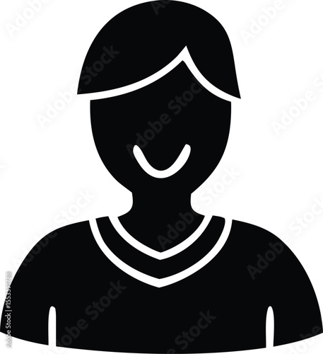 Simple black silhouette icon of a smiling person wearing a collared shirt representing a user or individual