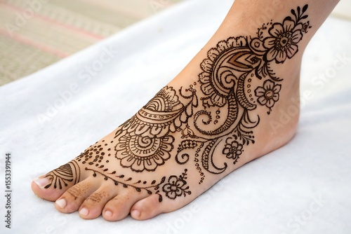 Elegant henna adorns a foot, showcasing traditional body art beauty