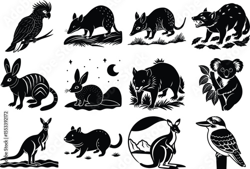 Vector art of a collection of australian animals silhouettes isolated on transparent background