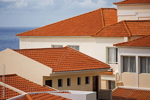 Several houses with tiled roofs.