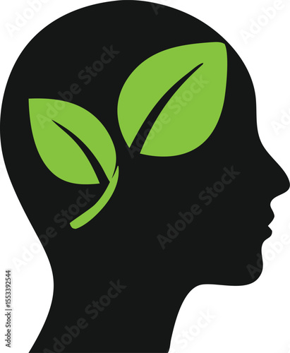 Silhouette of a human head filled with black featuring two vibrant green leaves growing inside symbolizing natural growth and mental well being