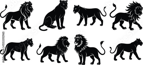 Vector art of eight black lion and lioness silhouettes isolated on transparent background, various poses, vector illustration