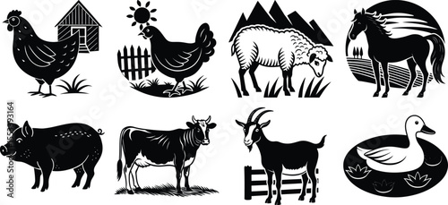 Vector art of eight black farm animal silhouettes isolated on transparent background, various poses, vector illustration