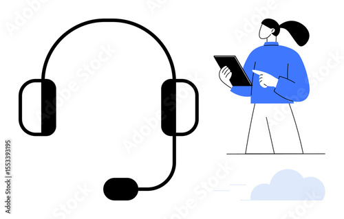 Headset for customer communication and person with tablet signifying support and service. Ideal for customer service, tech support, remote assistance, online helpdesk, consultation, user support