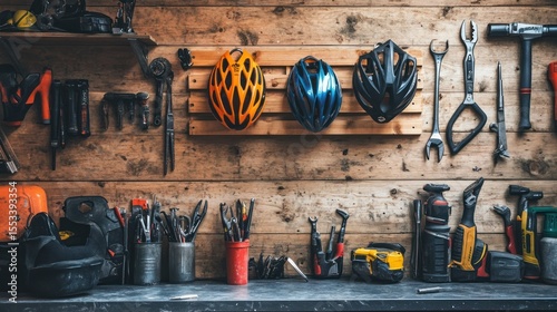 Workshop wall with tools and helmets