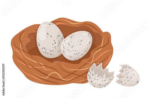Speckled eggs in bird's nest. Vector isolated texture vector drawing clutch of birds. Light colored small fragile eggs with dark spots lie in house of branches