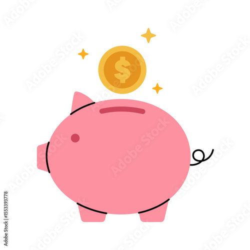 Pink piggy bank with gold dollar coin for saving and investment vector illustration, financial planning concept