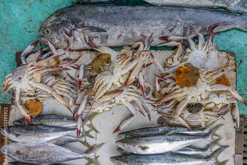 Fresh varieties of sea food meat like fishes, crabs, shrimp, prawns, squid, cuttlefish, octopus, sharks, dry fish, etc,. Selling at Chennai Kasimedu - the largest fish market place in south india.	