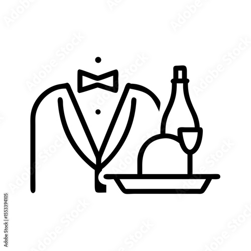 Line art of waiter in tuxedo serving dish and champagne bottle  
