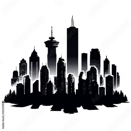 Vancouver skyline silhouette with modern buildings in black  